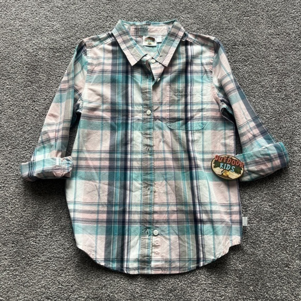 Girls Bass Pro Shops Outdoor Kids Aqua/Pink Plaid Button-Up Shirt Size Large